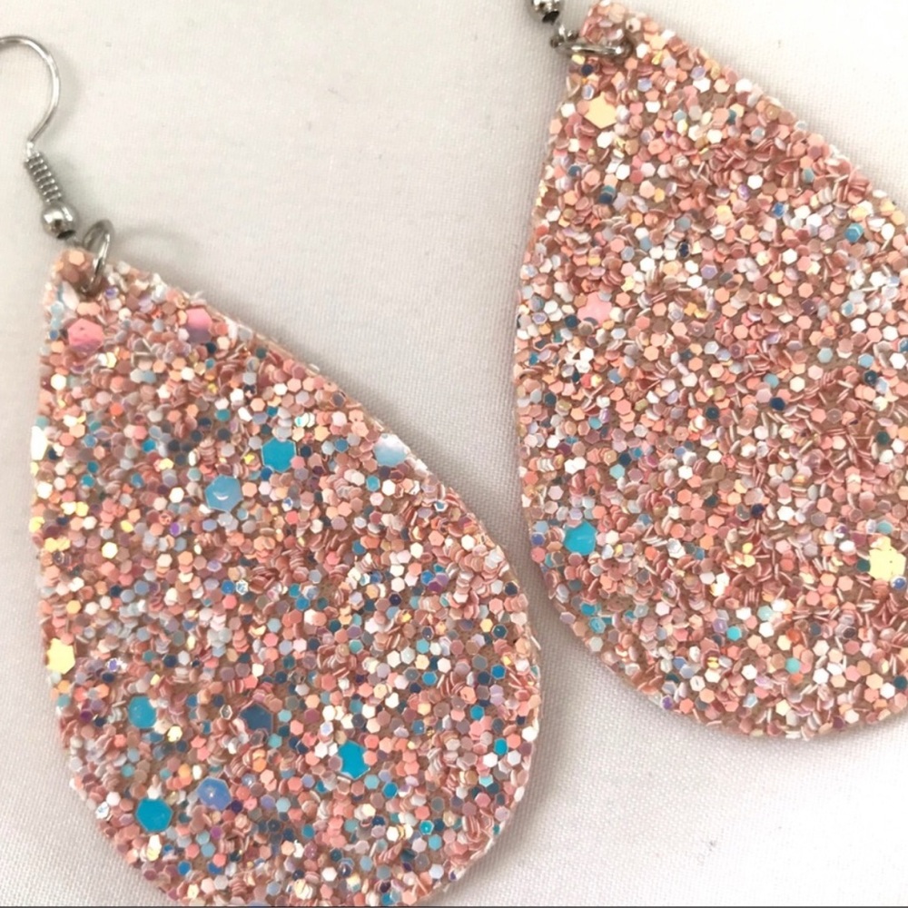 Leather Pink Glitter Sparkle Statement Earrings - Picture 3 of 4
